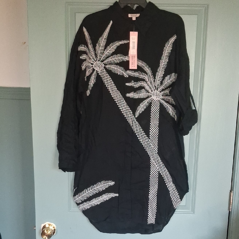 Badgley Mischka Tropical Palm Tree Embroidered Tunic Button Down Size LARGE NWT